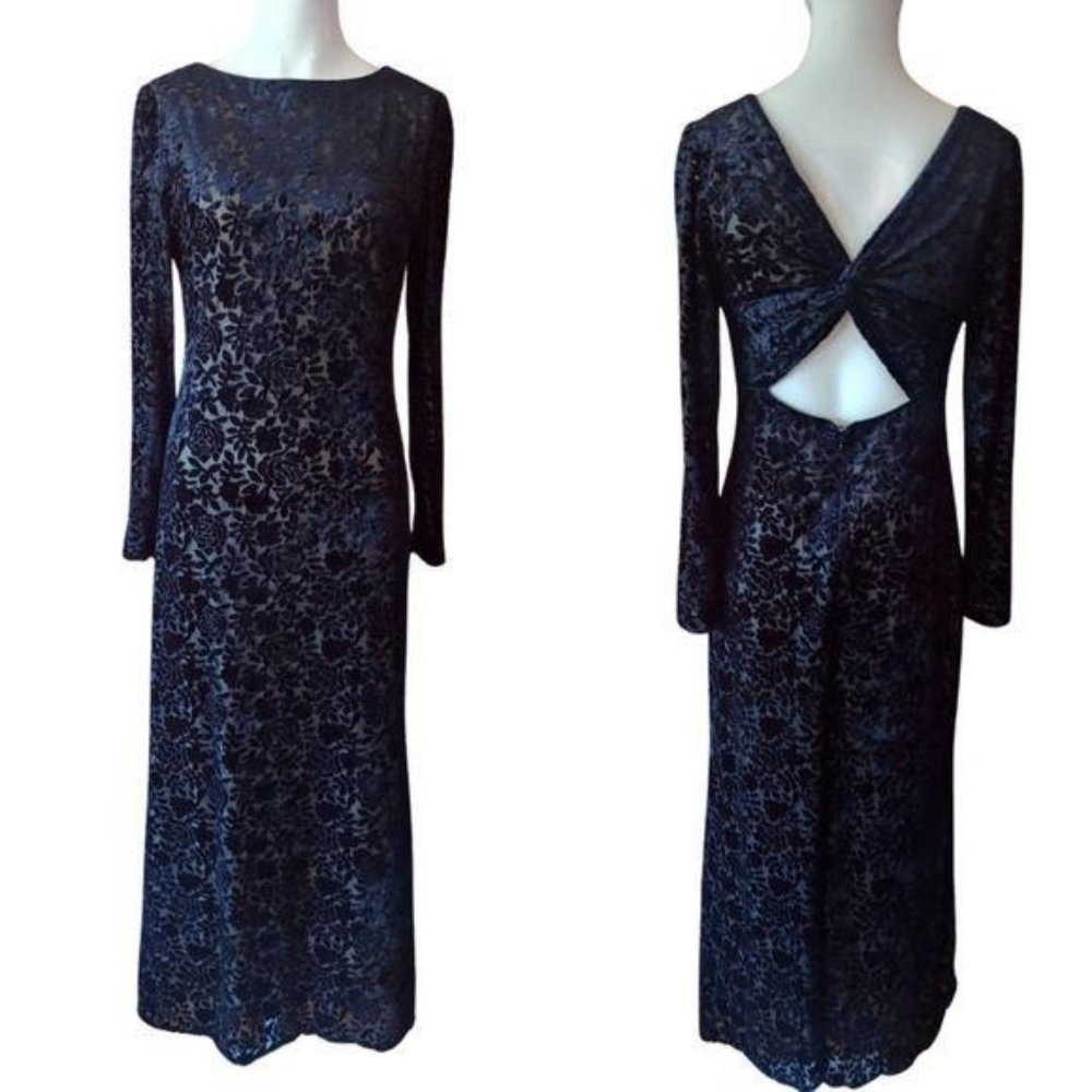 Navy Blue Textured Lace Floor Length Dress Size 6